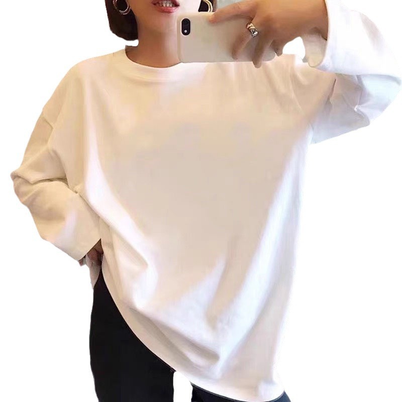 Camiseta de manga larga de algodón puro para mujer Camiseta blanca de talla grande grasa MM suelta de moda para mujer camisa de fondo 2025 primavera y otoño top