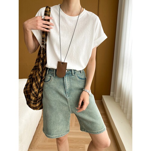 Si Nan blogger's favorite Nordic loose slim and versatile round neck curled short-sleeved T-shirt design sense SN5796