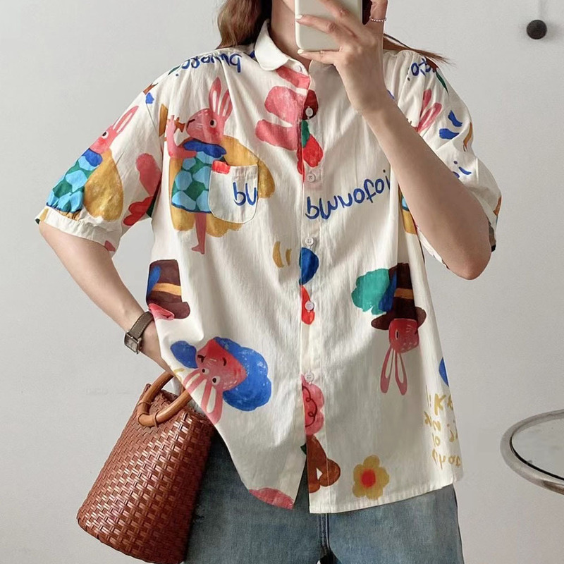 Doll Collar Shirt Women's Summer New Japanese and Korean Style Loose Harajuku Style Oil Painting Graffiti Pocket Short Sleeve Shirt