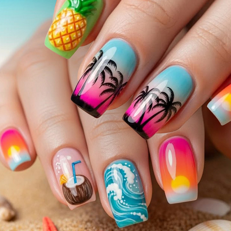 Wearable Nails with Medium-Sized Square Shape, Ins-Style Beach Gradient Sunset, Coconut Tree and Pineapple Pattern Print Design, Fake Nails Wearable Nails with Medium-Sized Square Shape, Ins-Style Beach Gradient Sunset, Coconut Tree and Pineapple Pattern Print Design, Fake Nails