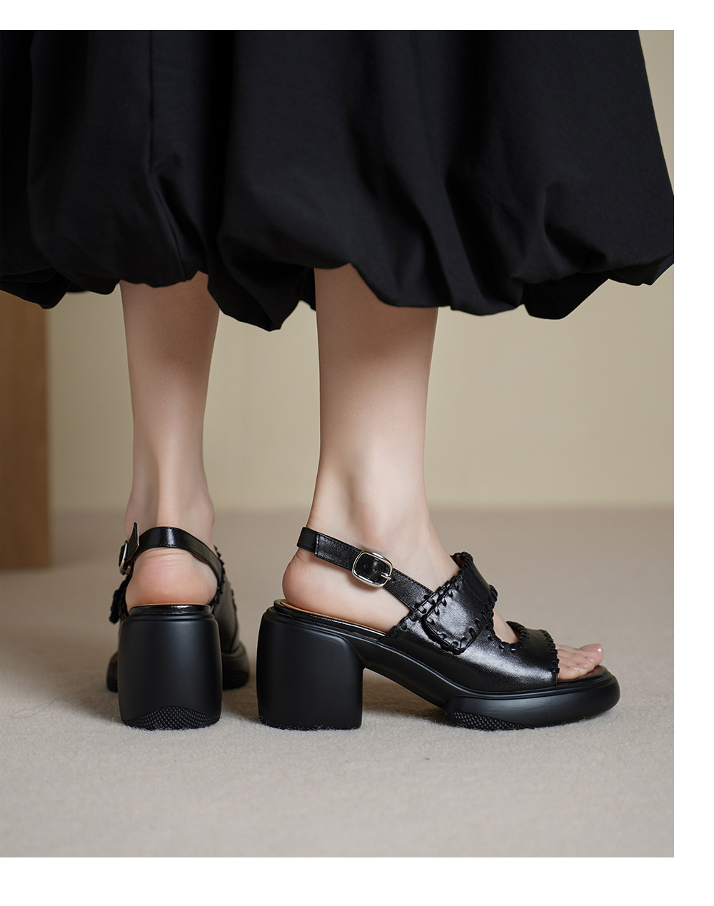 Sandal cao gót nữ hở mũi da bò gót vuông 8 cm đế dày — đen chi tiết 7