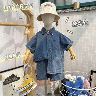 Летний джинсовый детский мягкий хлопковый комплект подходит для мужчин и женщин, в корейском стиле, в западном стиле, короткий рукав, свободный крой