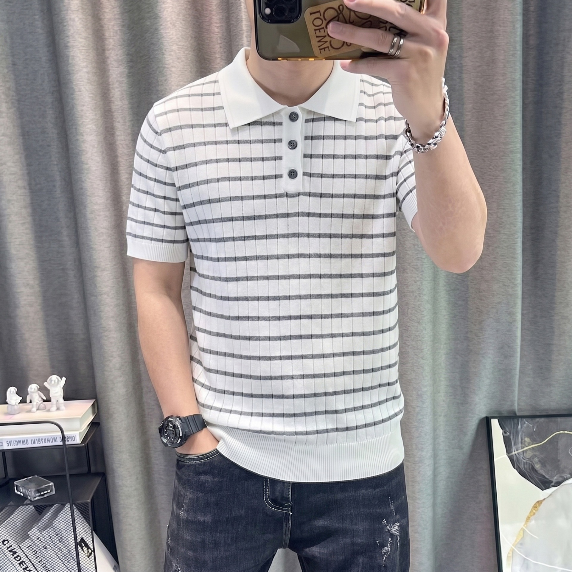 Camisas de polo camisetas de punto de manga corta camisetas a rayas de hombre texturas de alto nivel viejos ganancias de hielo seda verano fábrica transfronteriza al por mayor