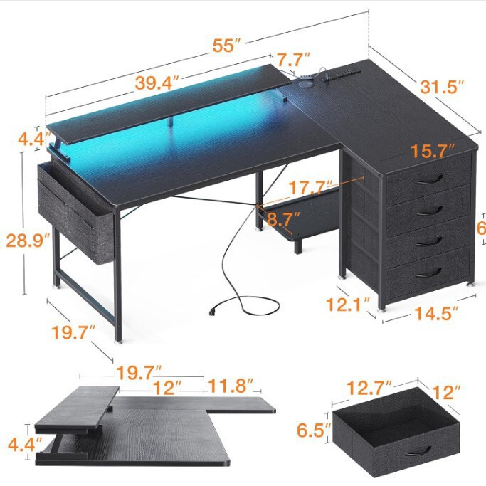 L-Shaped Computer Desk with Bookshelf, Rgb Light, Power Strip, Gaming Desk with Monitor Stand, Fabric Drawer Cabinet, Storage Desk, E-Sports Desk