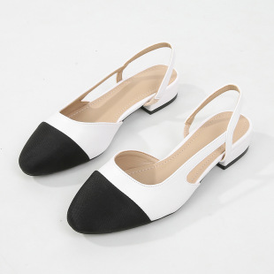 in stock Cross-border Mid-heel Small Fragrance Color-matching Empty-toe Sandals Women's High-heel Square-toe Thick-heel Flat plus size Women's Shoes 44