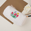 Plush white pencil case, capacious organizer bag for elementary school students, high quality stationery, storage bag, with embroidery