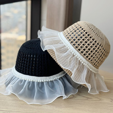 法式大帽檐防晒帽女夏季蕾丝手工编织珍珠新款网纱显脸小遮阳草帽
