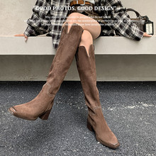 ~长腿辣妹~2025秋冬复古粗跟女长靴翻皮高筒骑士靴中高跟长筒靴子