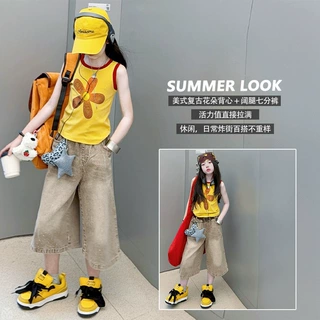 美式复古黄拼红花朵吊带背心女童2026年夏季辣妹修身短款无袖上衣