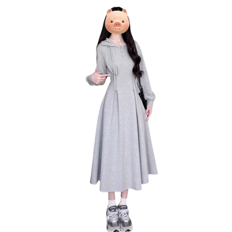 한국 대학 스타일 회색 후드 스웨터 원피스 여성 2024 가을 작은 기질 허리 슬리밍 스커트