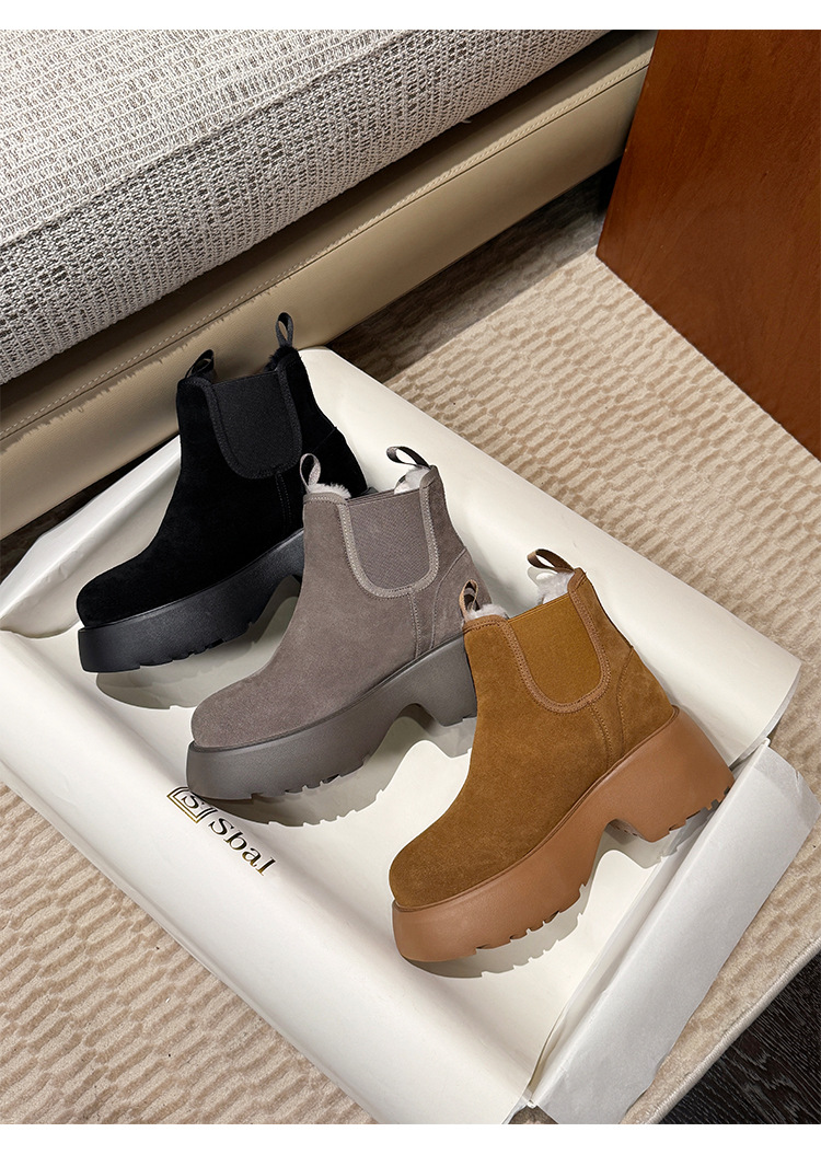 Boot Chelsea nữ da dê lót lông cừu đế dày platform ấm mùa đông — màu đen chi tiết 21