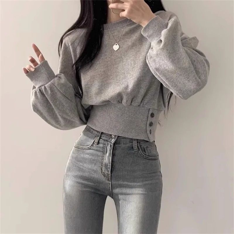 纯棉卫衣女春秋薄款收腰显瘦高腰短款设计感小众无帽圆领长袖上衣|undefined