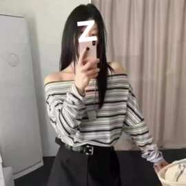 【雪花麻色织条】韩系氛围感穿搭斜肩条纹上衣女辣妹t恤上衣
