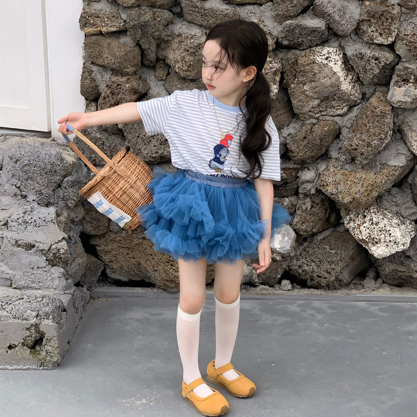 Girls' 2026 Summer New Children's Clothing Baby Striped Cartoon Short-Sleeved T-Shirt + Gauze Puffy Skirt Two-Piece Set