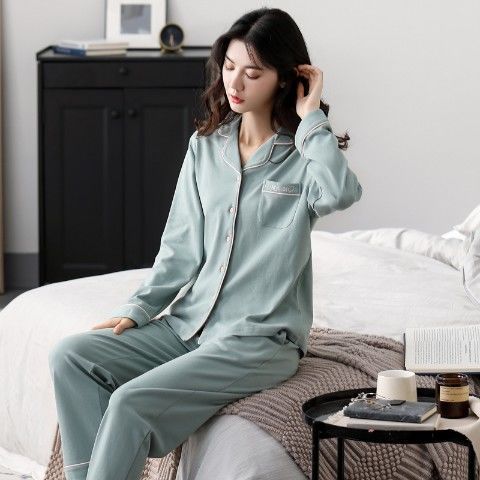 Pijamas mujer primavera y otoño 100% algodón de manga larga cardigan otoño algodón casual prendas de vestir exteriores ropa de hogar otoño e invierno dos piezas