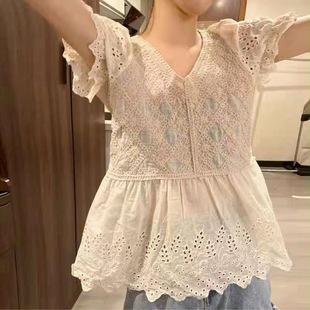 Chubby Girl belly-covering chiffon shirt women's short-sleeved summer thin hollow lace top V-neck French chic small shirt fashion