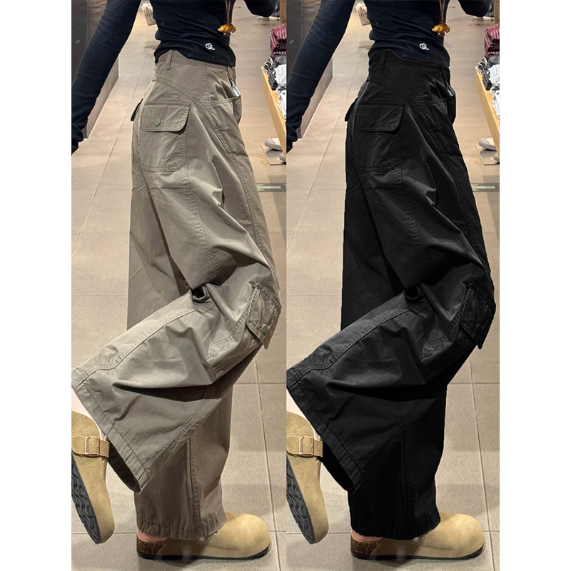 Black American-style work pants for women, 2025 spring-summer new style, loose curved pants, high-waisted casual loose wide-leg pants Black American-style work pants for women, 2025 spring-summer new style, loose curved pants, high-waisted casual loose wide-leg pants