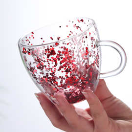 璀璨心形杯 创意双层耐高温玻璃水杯 少女心闪粉亮片咖啡杯茶具