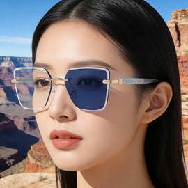 新款时尚方形无框变色太阳镜女加厚镜片弹簧腿潮流墨镜女批发眼镜
