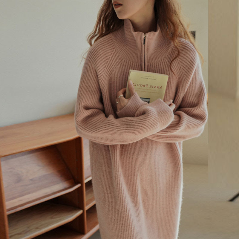 2026 Autumn New Korean Style Over-the-Knee Mid-Length Loose Knit Sweater Dress for Women