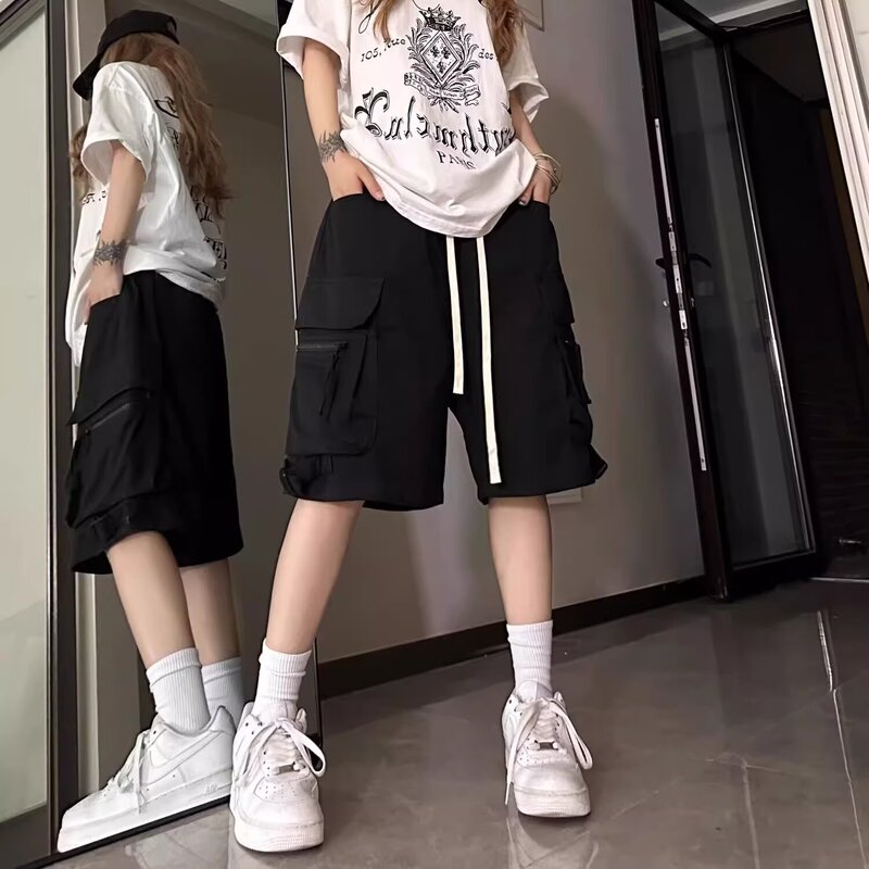 Japanese-Style Zipper Design Cargo Shorts for Women, Summer New Loose Versatile Sports Casual Wide-Leg Knee-Length Shorts Japanese-Style Zipper Design Cargo Shorts for Women, Summer New Loose Versatile Sports Casual Wide-Leg Knee-Length Shorts