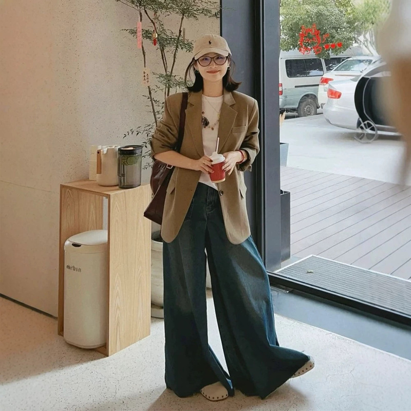 Elegant brown casual blazer for women, new spring and autumn Korean style, loose and slimming suit jacket for petite women