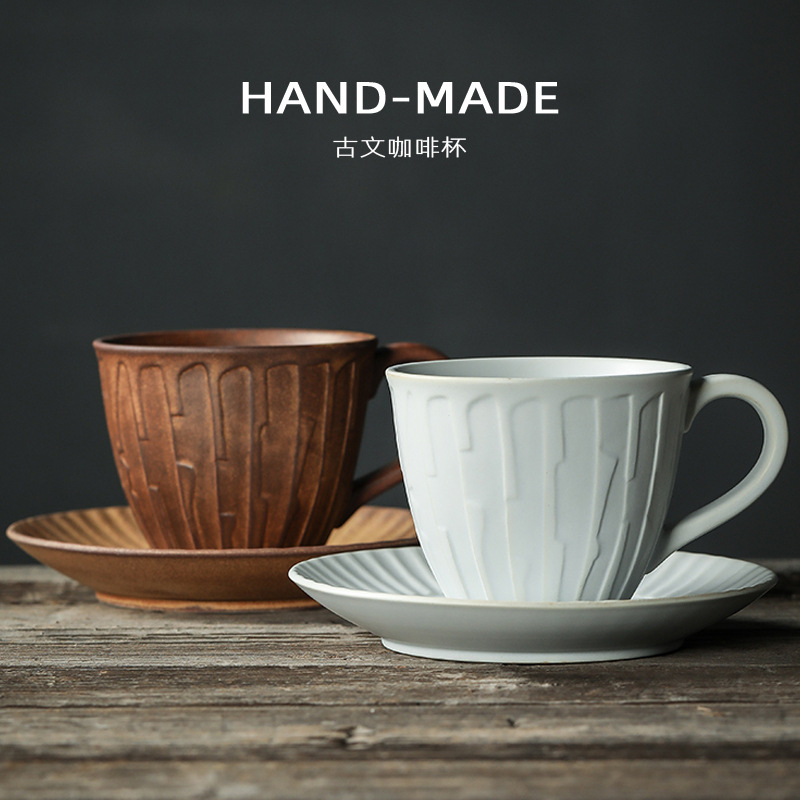 日式咖啡杯碟套裝復古創意粗陶陶瓷手工咖啡杯vintage 杯子馬克杯
