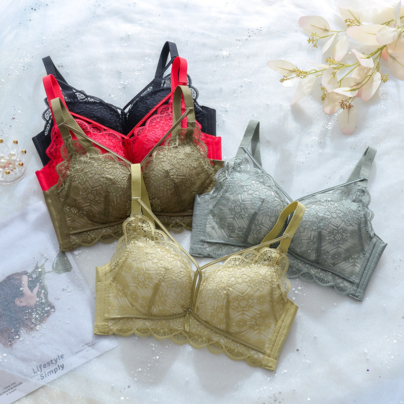 Heat Induction Cup Cross Strap Sexy Lace Hollow Underwear Women's Small Chest Push-up Collapsing Accessory Breast Adjustable Bra
