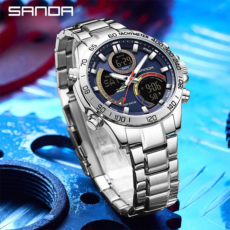 SANDA moda doble pantalla reloj electrónico para hombres multifuncional gran dial reloj de estudiantes de luz nocturna reloj de pulsera