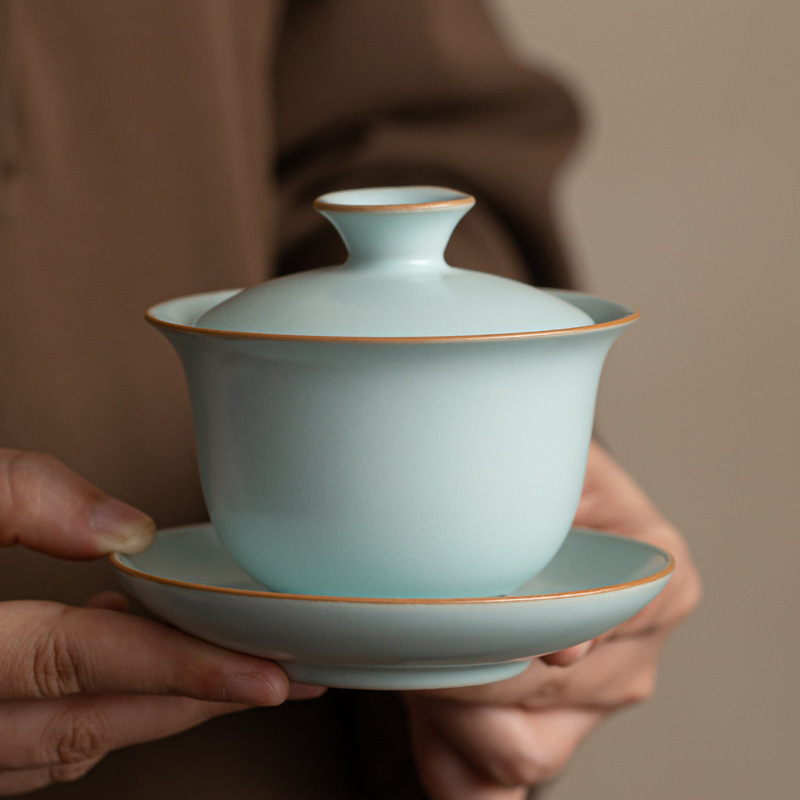 天青色汝窑三才盖碗敬茶碗家用开片可养功夫茶具喝茶杯泡茶器单个|undefined