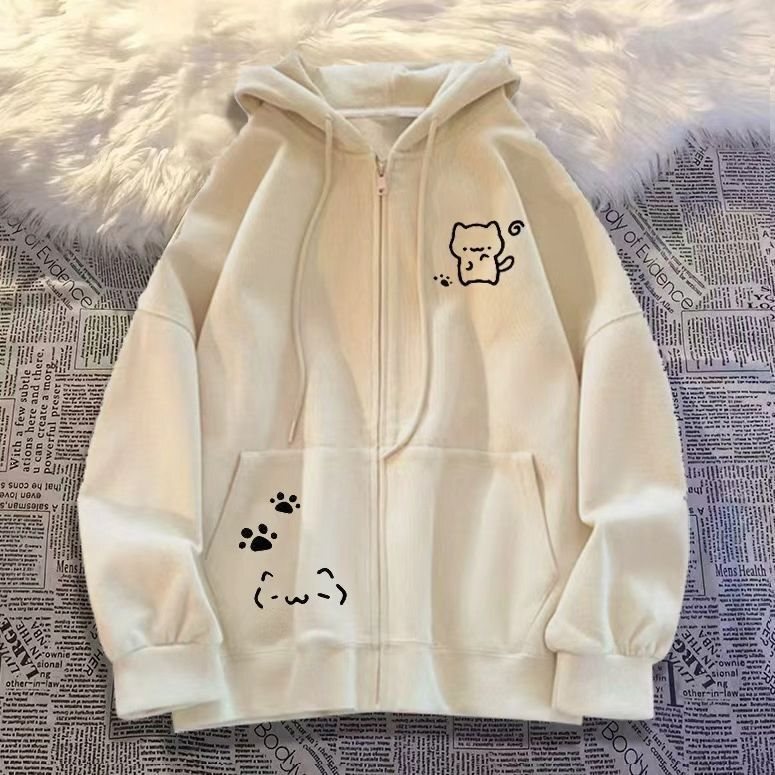 2026 Back-to-School Season Women's Zipper Hoodie Korean Style Cute Cat Print Cardigan New Loose-Fit Jacket 2026 Back-to-School Season Women's Zipper Hoodie Korean Style Cute Cat Print Cardigan New Loose-Fit Jacket