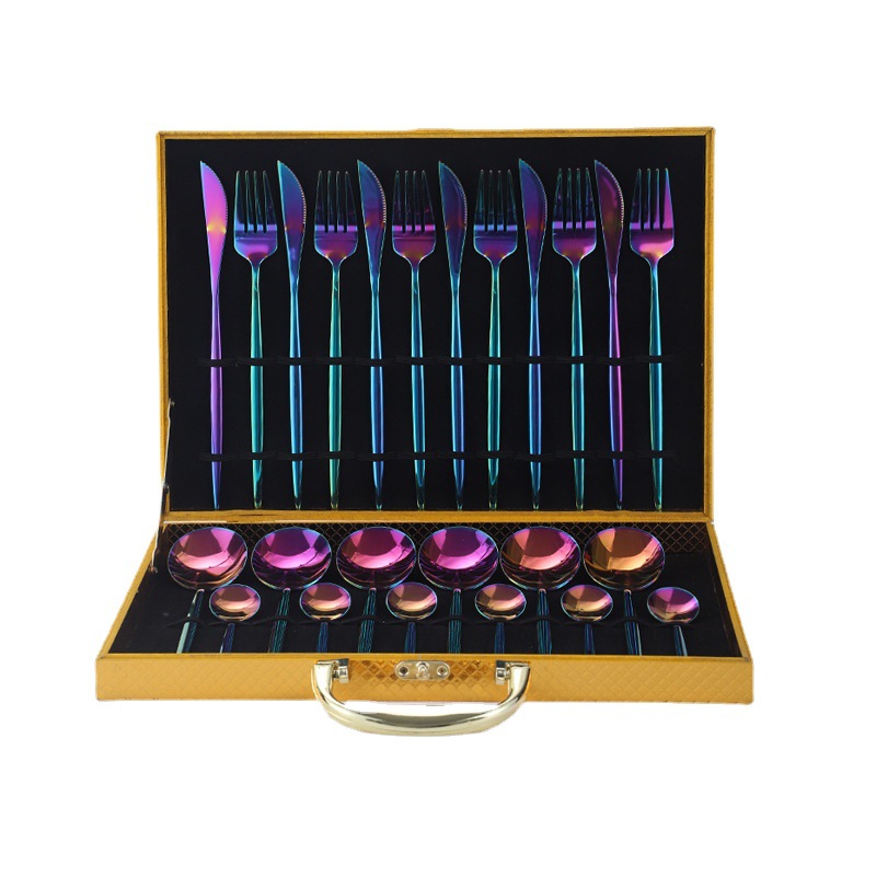 Amazon popular vajilla de acero inoxidable 24 unidades traje Portugal cuatro piezas principales comida occidental cuchillo, tenedor y cuchara caja de regalo traje