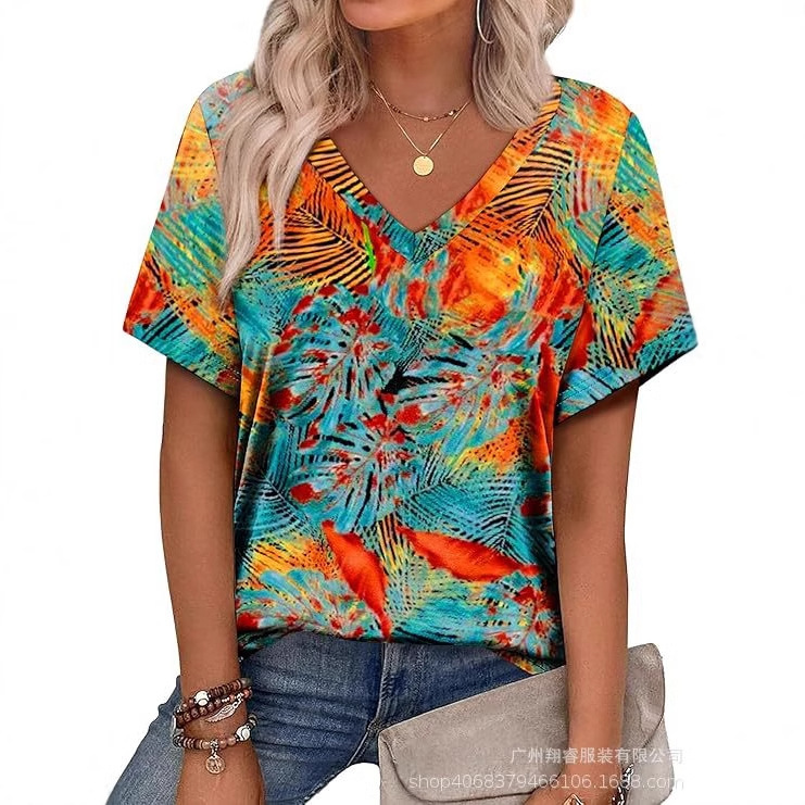 Cross-Border Amazon Women's Summer Tops 2026 Style V-Neck Short-Sleeved Shirts Fashionable Elegant Casual Vacation Wear