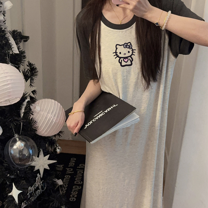 Pure Desire Style Cute KT Cat Modal Nightdress Women with Chest Pad Summer Thin Girl Outer Wear Home Clothes suit