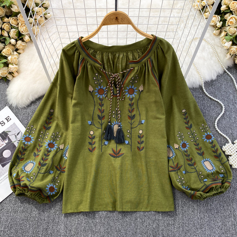 Foreign Trade 2025 Spring and Autum Ethnic Style Retro Literary Loose Embroidered Cotton and Linen Round Neck Pullover Shirt Women's Casual Foreign Trade 2025 Spring and Autum Ethnic Style Retro Literary Loose Embroidered Cotton and Linen Round Neck Pullover Shirt Women's Casual