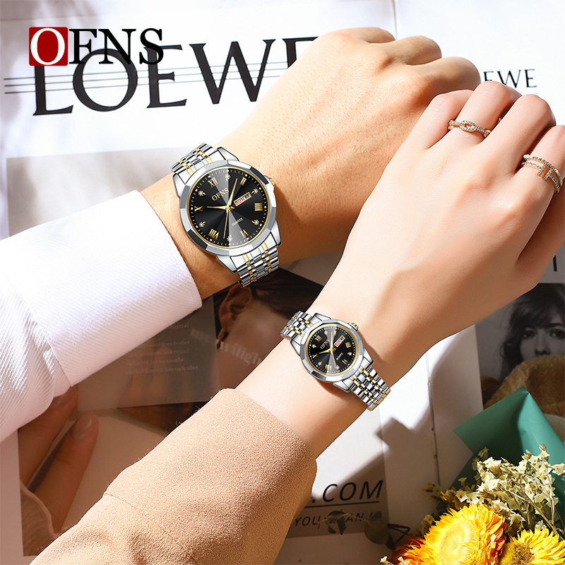 Oufani Double Calendar Couple Watch Fluorescent Fashion Waterproof Quartz Watch High-End Brand Steel Band Business Watch