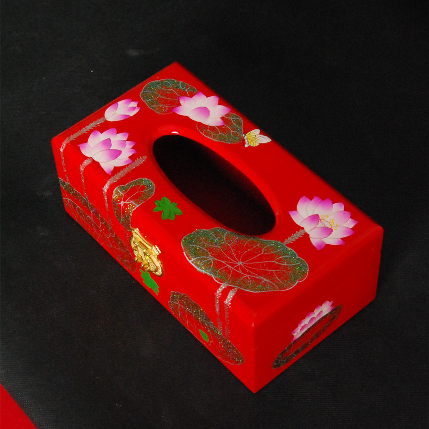 手工彩绘漆器纸巾盒木质家居会所客厅漆画抽纸盒喜事连连婚庆礼盒