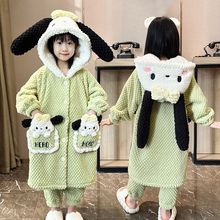女童加绒加厚睡袍冬季连帽珊瑚绒长款睡衣公主风法兰绒家居服套装