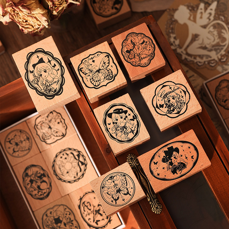 Danza de mariposa impresión de madera caja de sello de mariposa retro transfronteriza adorable chica encaje sello de encaje