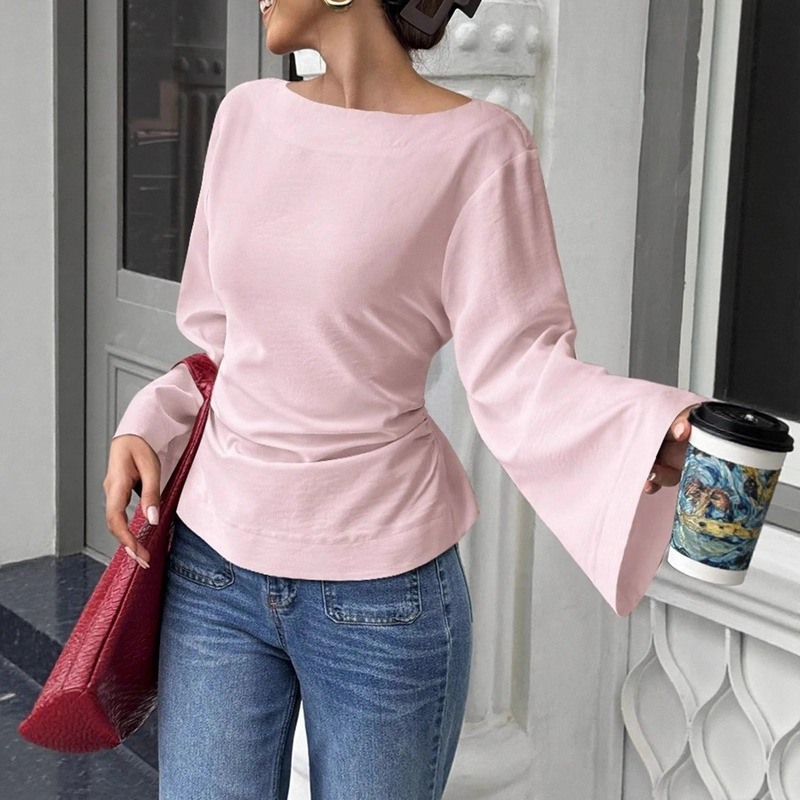 Cross-Border Aliexpress Wish Amazon European and American Style Solid Color Tie-Back Bell Sleeve Shirt T-Shirt Long Sleeve Waist-Cinching Type