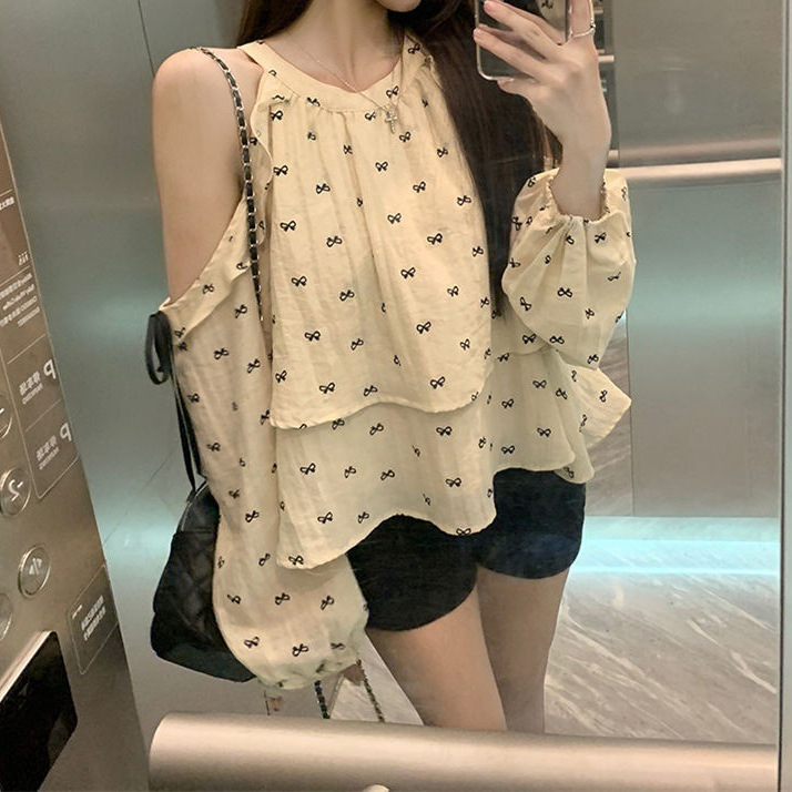 春秋新款小个子甜美减龄蝴蝶结修身显瘦露肩衬衫宽松挂脖娃娃衫女|undefined