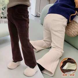 女童裤子春秋儿童加绒一体绒喇叭裤加厚洋气雪尼尔加绒长裤灯芯绒