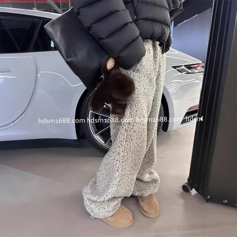 "Colorful Dot Lamb Wool" Korean Designer Vintage Apricot Drawstring Sweatpants Thickened