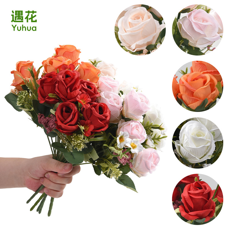 Cross-Border Artificial Rose Bouquet Wedding Decoration Artificial Flowers Photography Props Plastic Fake Flowers Hand-Held Bouquet