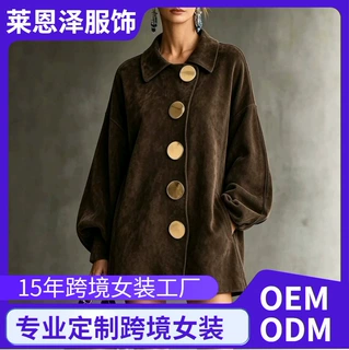 2026欧美跨境外贸独立站翻领麂皮绒女士外套落肩袖中长款气质大衣