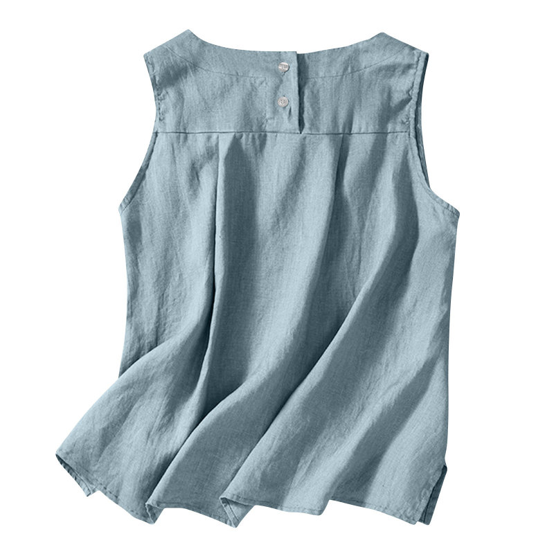 6 Colors Pure Color Button Sleeveless Round Neck Cotton and Linen Top Shirt for Women