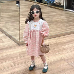 Children's Dress, Girls' Dress, 2024 Spring, Pink Checkered Embroidered Floral Long-Sleeve Pure Cotton Dress, Children's Princess Dress