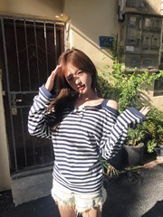 MR【原版品质】甜辣风条纹一字肩长袖t恤女早秋假两件宽松慵懒上
