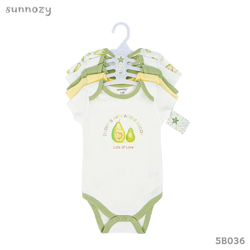 Conjunto de cinco piezas de algodón puro para bebé, mono de verano de manga corta Clase A, embalaje en inglés Sunnozy.