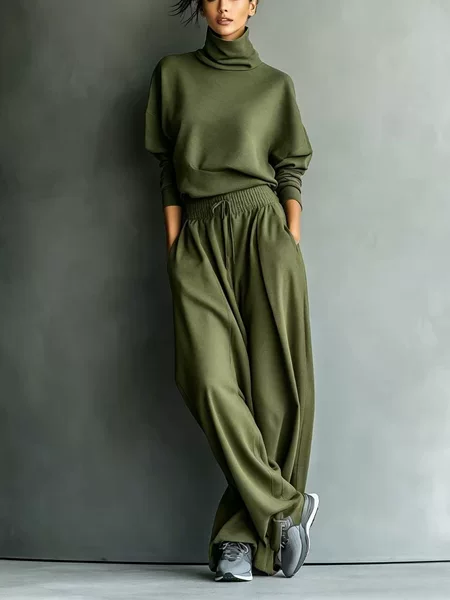 2026 European and American cross-border women's autumn and winter new Amazon independent station high-neck sweatshirt with pockets and drawstring pants set
